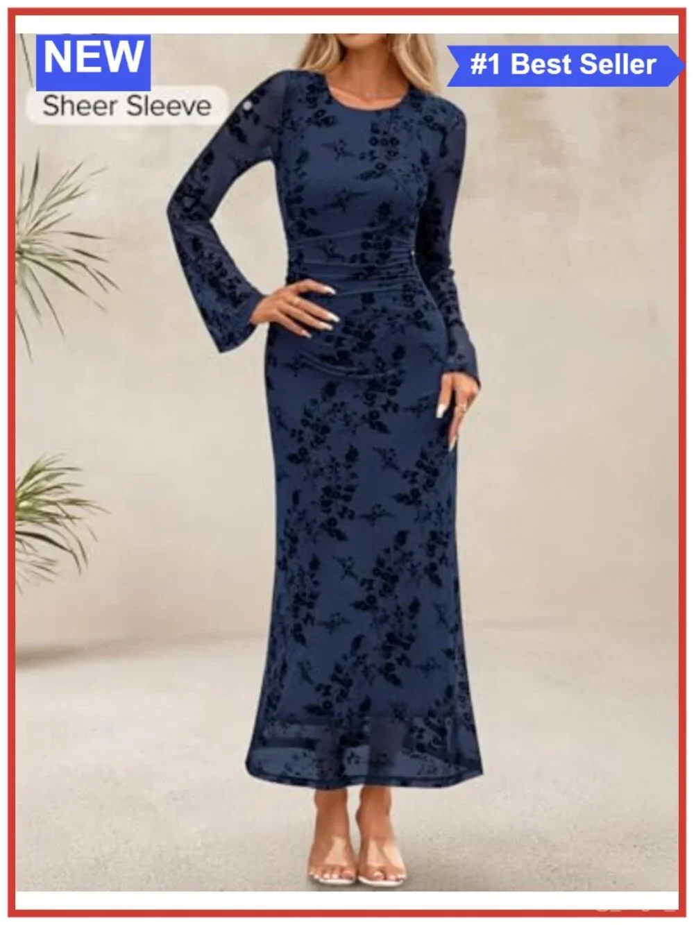 Long Sleeve Floral Bodycon Ruched Mesh Maxi Dress Formal